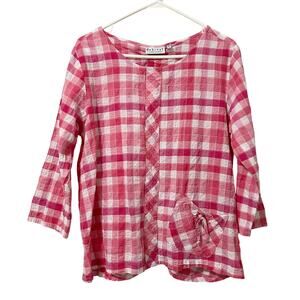 Habitat Crinkle Blouse Women Size Small Pink White Plaid 3/4 Sleeve Cotton